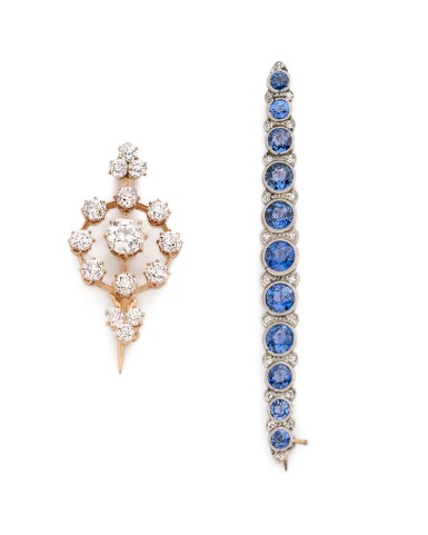 View full screen - View 1 of Lot 91. Sapphire and diamond brooch and a diamond brooch.