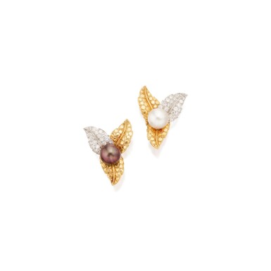 View full screen - View 1 of Lot 126. PAIR OF GOLD, CULTURED PEARL AND DIAMOND EARCLIPS, TIFFANY & CO., FRANCE.