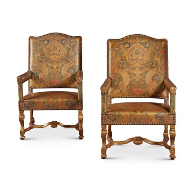 View full screen - View 1 of Lot 8. A Pair of Louis XIV Style Carved Giltwood Fauteuils, Circa 1840.
