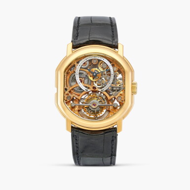 View full screen - View 1 of Lot 2395. Tourbillon Skeleton, Reference 2187 | A pink gold double dialled skeletonised tourbillon wristwatch with date and power reserve indication, Circa 1993.
