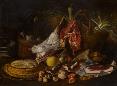 View full screen - View 1 of Lot 412. Still life of various meats, mushrooms, and other fruits and vegetables set on a table with a straw basket, a stack of plates, and other items.