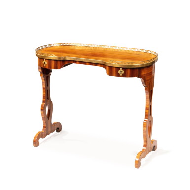 View full screen - View 1 of Lot 291. A Louis XVI gilt-bronze mounted bois satiné veneered table de salon, circa 1780, stamped by RVLC | Table de salon en satiné et bronze doré d'époque Louis XVI, vers 1780, estampille de RVLC.