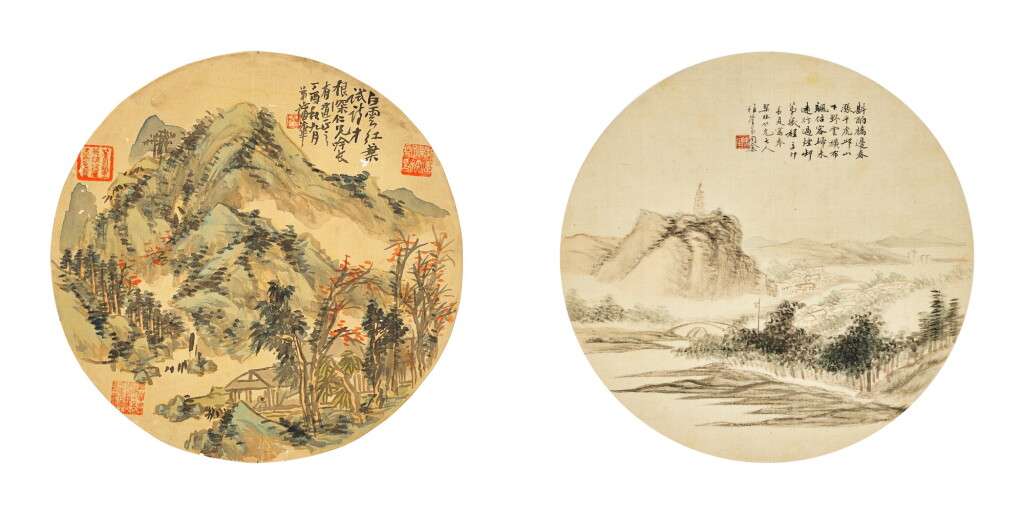 View full screen - View 1 of Lot 625. Pu Hua 1832-1911; Wang Tongyu 1855-1941 Landscape | 蒲華 1832-1911 白雲紅葉 及 王同愈 1855-1941 春漲野雲 設色絹本 團扇面二幀.
