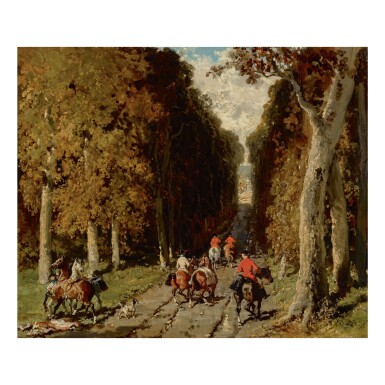 View full screen - View 1 of Lot 151. ALFRED DE DREUX | CHASSE DANS L'ALLÉE VERS LA CROIX.