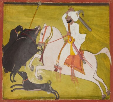 View full screen - View 1 of Lot 522. A Rathore Nobleman Riding a Leaping Stallion at Shikar, Rajasthan / Marwar (thikana style), circa 1820-40.