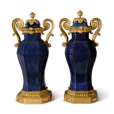 View full screen - View 1 of Lot 731. A PAIR OF LOUIS XVI GILT BRONZE-MOUNTED BLUE GLAZE OCTAGONAL COVERED VASES, THE PORCELAIN QING DYNASTY, 18TH CENTURY, THE MOUNTS CIRCA 1770 AND MID-19TH CENTURY.