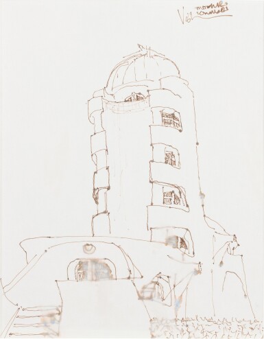 View full screen - View 1 of Lot 331. German School, probably an autograph work by the architect Erich Mendelsohn (1887-1953), circa 1920 | Wohl eine eigenhändige Skizze des Architekten Erich Mendelsohn des Einsteinturms im Wissenschaftspark Albert Einstein in Potsdam auf Tusche und Papier, circa 1920, unleserlich signiert oder kommentiert.