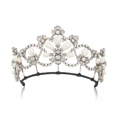 View full screen - View 1 of Lot 1083. Historical and important natural pearl and diamond tiara.