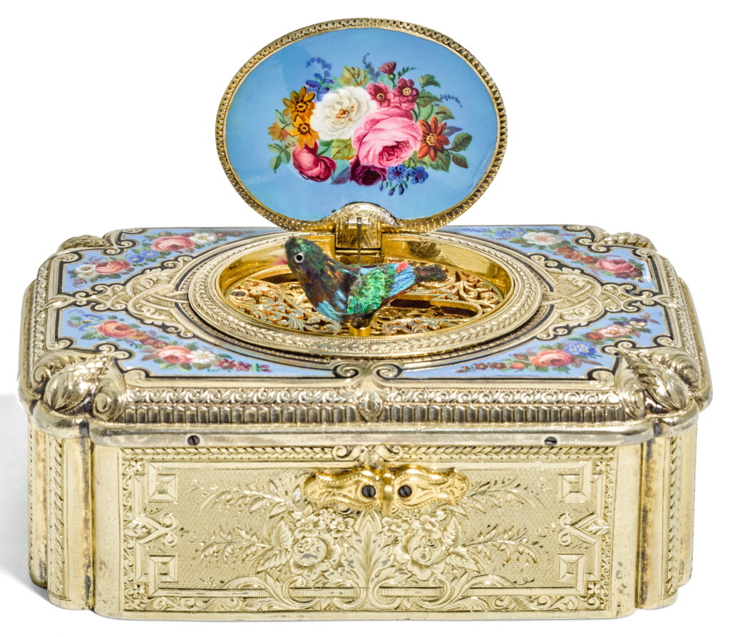 View full screen - View 1 of Lot 67. A SILVER-GILT AND ENAMEL SINGING BIRD BOX, CHARLES BRUGUIER, GENEVA, MID 19TH CENTURY.