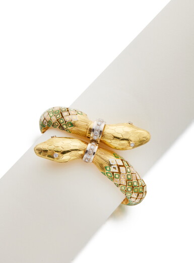 View full screen - View 1 of Lot 240. Gold, Enamel and Diamond Bracelet.