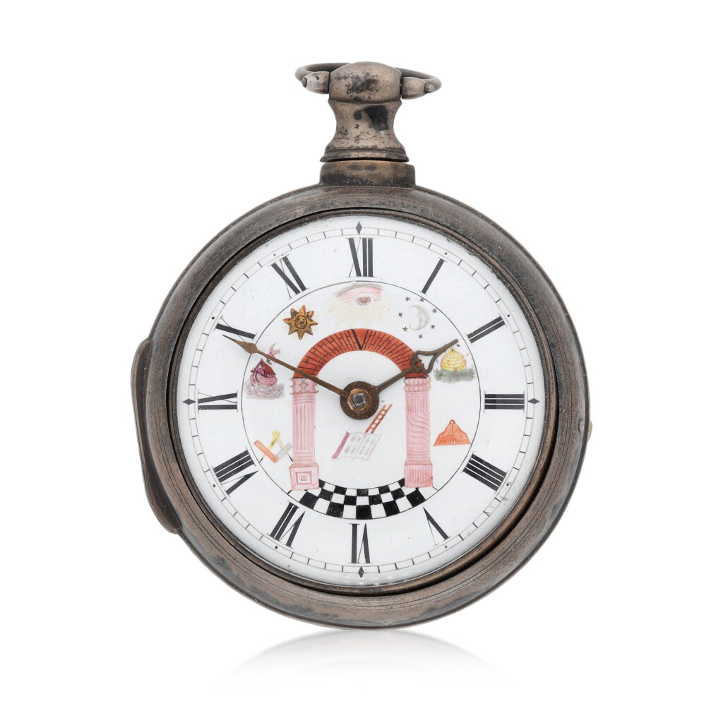 View full screen - View 1 of Lot 197. English No. 1942 A silver pair-cased verge watch with polychrome enamel painted Masonic dial 1814.