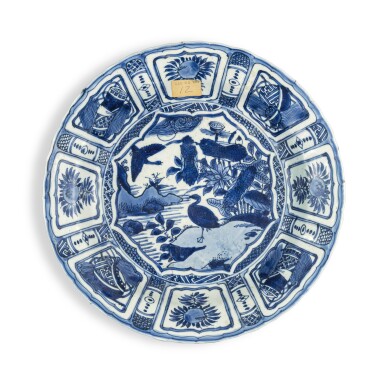 View full screen - View 1 of Lot 812. A blue and white 'kraak' dish, Ming dynasty, Wanli period | 明萬曆 克拉克瓷青花荷雁圖盤.