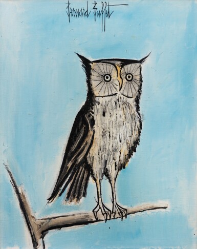 View full screen - View 1 of Lot 116. Hibou sur une branche, fond bleu .