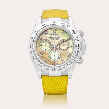 View full screen - View 1 of Lot 2118. Cosmograph Daytona "Beach", Reference 116519 A white gold chronograph wristwatch with yellow mother-of-pearl dial, Circa 2000 | 勞力士 | COSMOGRAPH DAYTONA "BEACH" 型號116519 | 白金計時腕錶,備黃色珠母貝錶盤,約2000年製.