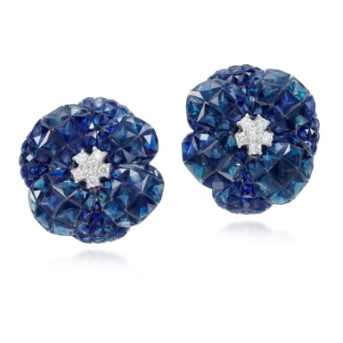 View full screen - View 1 of Lot 90. Pair of sapphire and diamond earrings.
