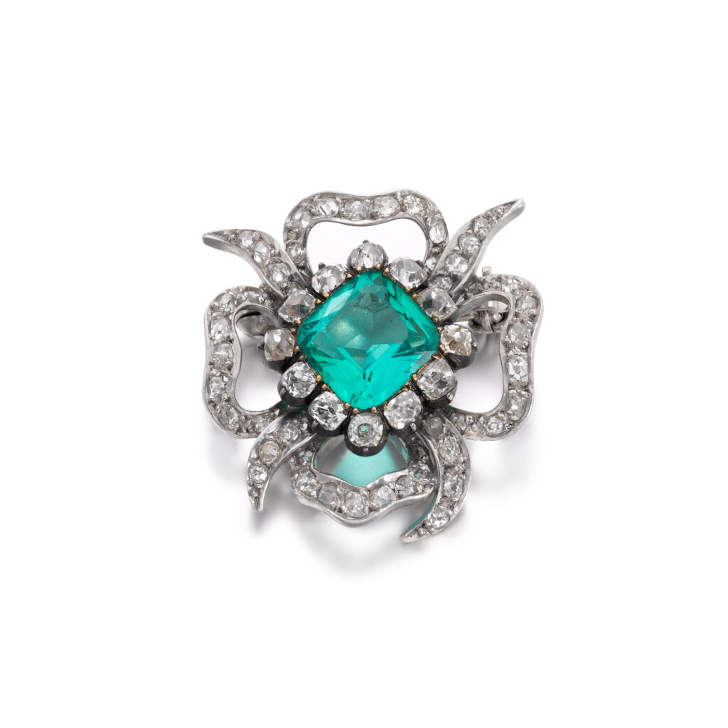 View full screen - View 1 of Lot 379. Emerald and diamond brooch.