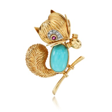 View full screen - View 1 of Lot 45. Turquoise, ruby and diamond brooch, circa 1960.