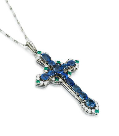 View full screen - View 1 of Lot 35. Sapphire, emerald and diamond pendant.