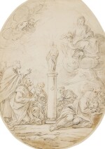 Saints in adoration before a bust of the Madonna and Child