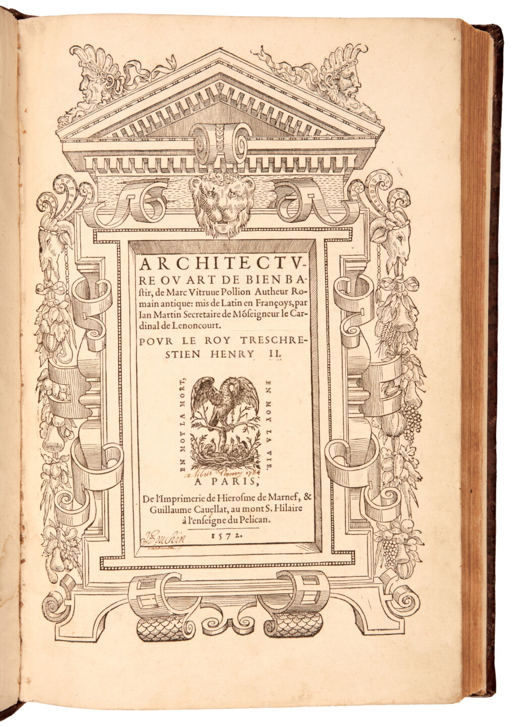 View full screen - View 1 of Lot 657. Vitruvius, Architecture ou art de bien bastir, Paris, 1572, later mottled calf.