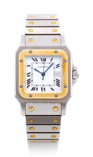 View full screen - View 1 of Lot 8103. CARTIER | SANTOS, A STAINLESS STEEL AND YELLOW GOLD WRISTWATCH WITH DATE AND BRACELET, CIRCA 2005.
