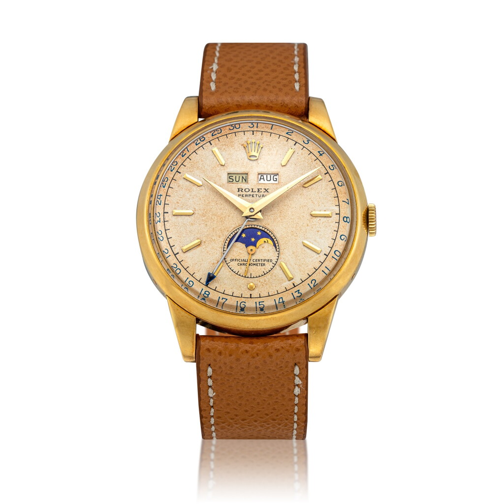 View full screen - View 1 of Lot 41. 'Padellone', Ref. 8171 Yellow gold triple calendar wristwatch with moon phases Circa 1951 | 勞力士8171型號「Padellone」黃金全日曆腕錶備月相顯示,年份約1951.