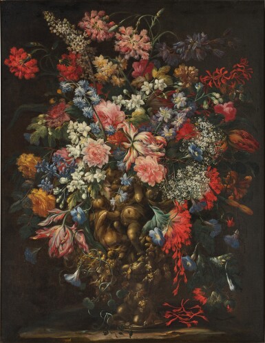 View full screen - View 1 of Lot 21. Still life of flowers in a sculptural vase.