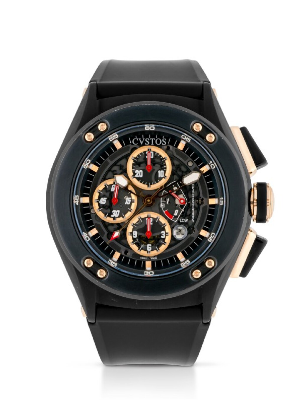 View full screen - View 1 of Lot 112. CVSTOS | CHALLENGE-R50 BLACKENED STAINLESS STEEL AND PINK GOLD CHRONOGRAPH WRISTWATCH WITH DATE AND POWER-RESERVE INDICATION CIRCA 2010.
