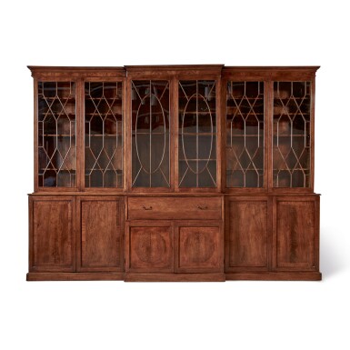 View full screen - View 1 of Lot 270. A GEORGE III MAHOGANY LIBRARY BREAKFRONT SECRETAIRE BOOKCASE, LAST QUARTER 18TH CENTURY.