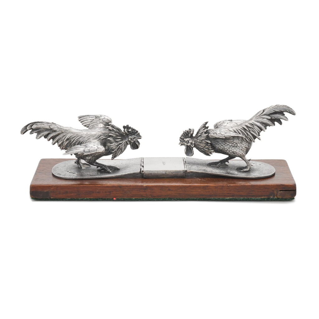 View full screen - View 1 of Lot 64. A novelty Victorian silver fighting cocks paper clip, Edward H. Stockwell, London, 1891.