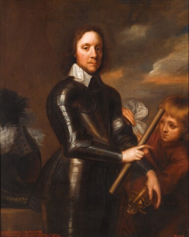 View full screen - View 1 of Lot 59. Portrait of Oliver Cromwell, Lord Protector (1599-1658), three-quarter-length, in armour, holding a baton, with a page.