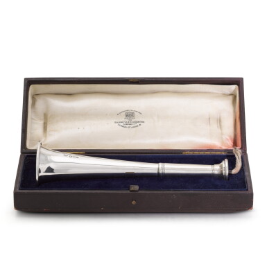View full screen - View 1 of Lot 35. A novelty cased silver hunting horn table lighter, Goldsmiths & Silversmiths Co. Ltd., London, 1921.