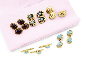 View full screen - View 1 of Lot 1132. TURQUOISE DRESS SET, AND THREE PAIRS OF GEM SET CUFFLINKS.