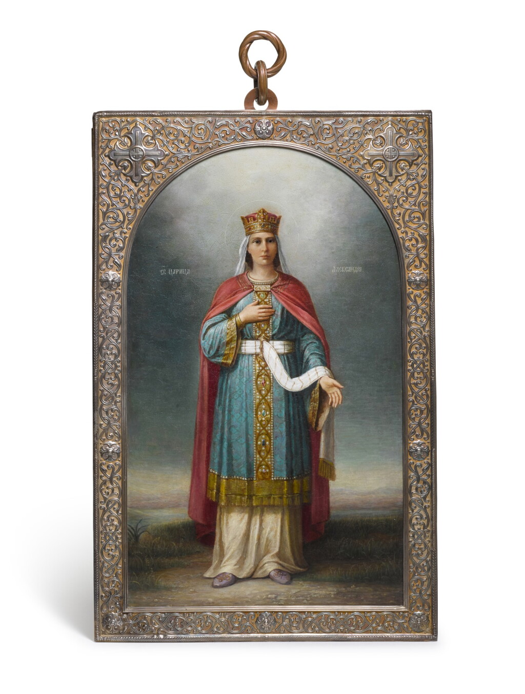 View full screen - View 1 of Lot 218. A LARGE SILVER-GILT PRESENTATION ICON OF THE MARTYR SAINT ALEXANDRA OF ROME, PAVEL OVCHINNIKOV, MOSCOW, 1909.