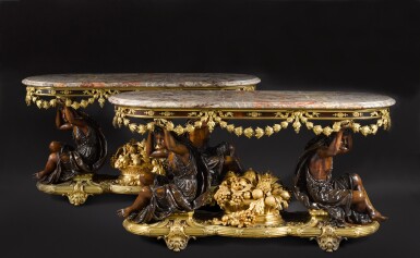 View full screen - View 1 of Lot 26. A pair of French gilt and patinated bronze mounted and burr amboyna console tables, circa 1870, the figures attributed to Albert-Ernest Carrier-Belleuse (1824-1887) under the direction of Ferdinand Barbedienne.
