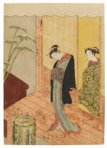 Attributed to Suzuki Harushige (Shiba Kokan, 1747-1818) | A courtesan stands on an engawa on a snowy evening | Edo period, 18th century