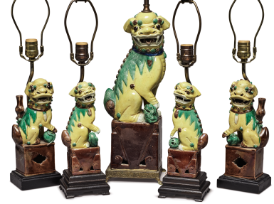 View full screen - View 1 of Lot 1222. FIVE CHINESE BISCUIT-GLAZED FIGURES OF BUDDHIST LIONS MOUNTED AS LAMPS QING DYNASTY, 19TH CENTURY | 清十九世紀 素三彩佛獅擺件五件 .