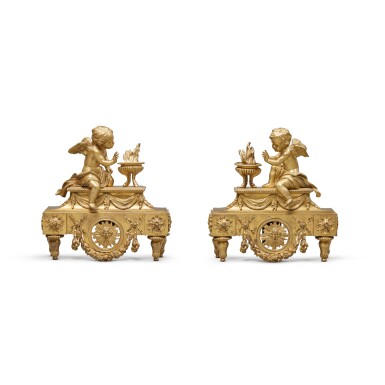 View full screen - View 1 of Lot 68. A Pair of Louis XVI Gilt Bronze Figural Chenets, Allegorical for Winter , Late 18th Century.