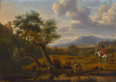 View full screen - View 1 of Lot 163. Southern landscape with a man shooting by a pond, a gentleman on horseback with a boy, and a shepherd with his flock beyond.