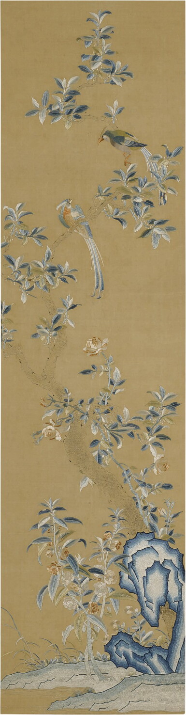 View full screen - View 1 of Lot 567. A silk embroidered 'paradise flycatcher and peony' panel, Qing dynasty, 19th century.