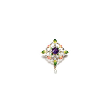 View full screen - View 1 of Lot 263. AMETHYST, ENAMEL AND SEED PEARL PENDANT-BROOCH, 1890S.