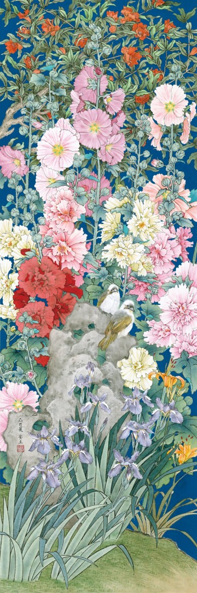 View full screen - View 1 of Lot 2594. 顏安立 夏卉駢芳圖 | Yen An-li, Bulbuls by Summer Hollyhocks and Irises.
