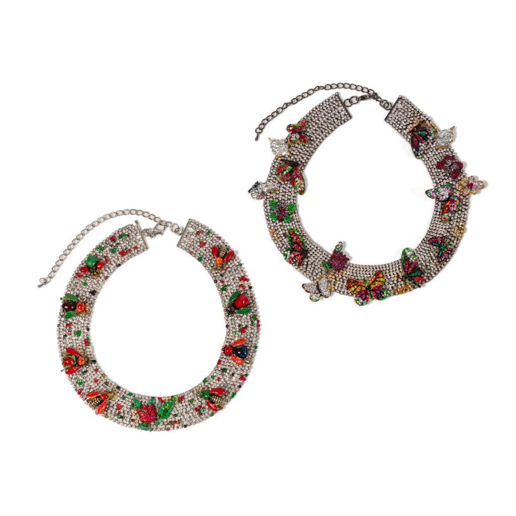 View full screen - View 1 of Lot 135. Two painted metal, strass and glass pearls necklaces, modern.