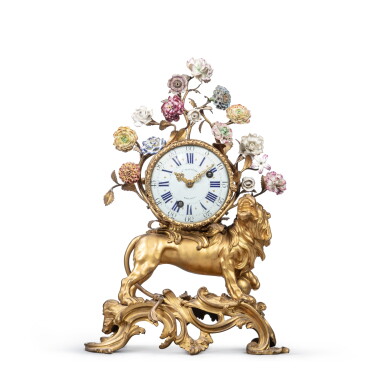 View full screen - View 1 of Lot 46. A partly Louis XV gilt-bronze 'Lion' mantel clock, circa 1750 and later, the dial and the movement signed Jean-Baptiste Baillon.