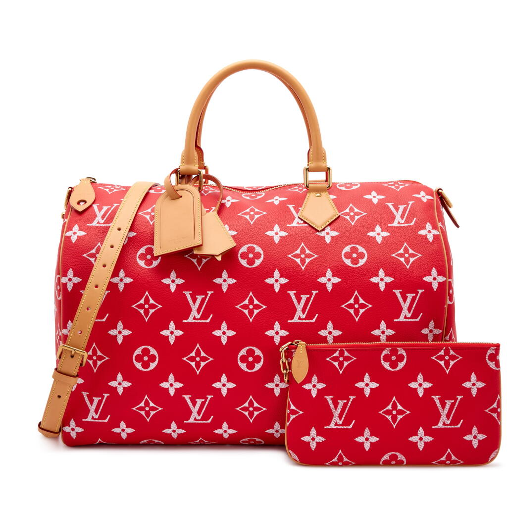 View full screen - View 1 of Lot 78. x Pharrell Williams Limited Edition Red and White Monogram Calfskin Speedy P9 Bandoulière 50 Gold Hardware, 2024.