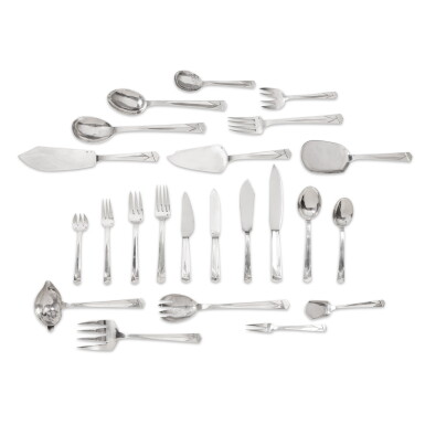 View full screen - View 1 of Lot 92. A 133-piece Art Deco silver flatware set, Armand Rivir, Paris, circa 1926 | Ménagère Art déco de 133 pièces en argent par Armand Rivir, Paris, vers 1926.