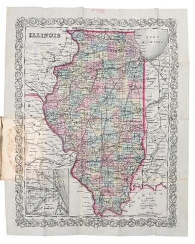 View full screen - View 1 of Lot 42. Colton, J. H. Map of Illinois, with an inset of the Vicinity of Chicago.