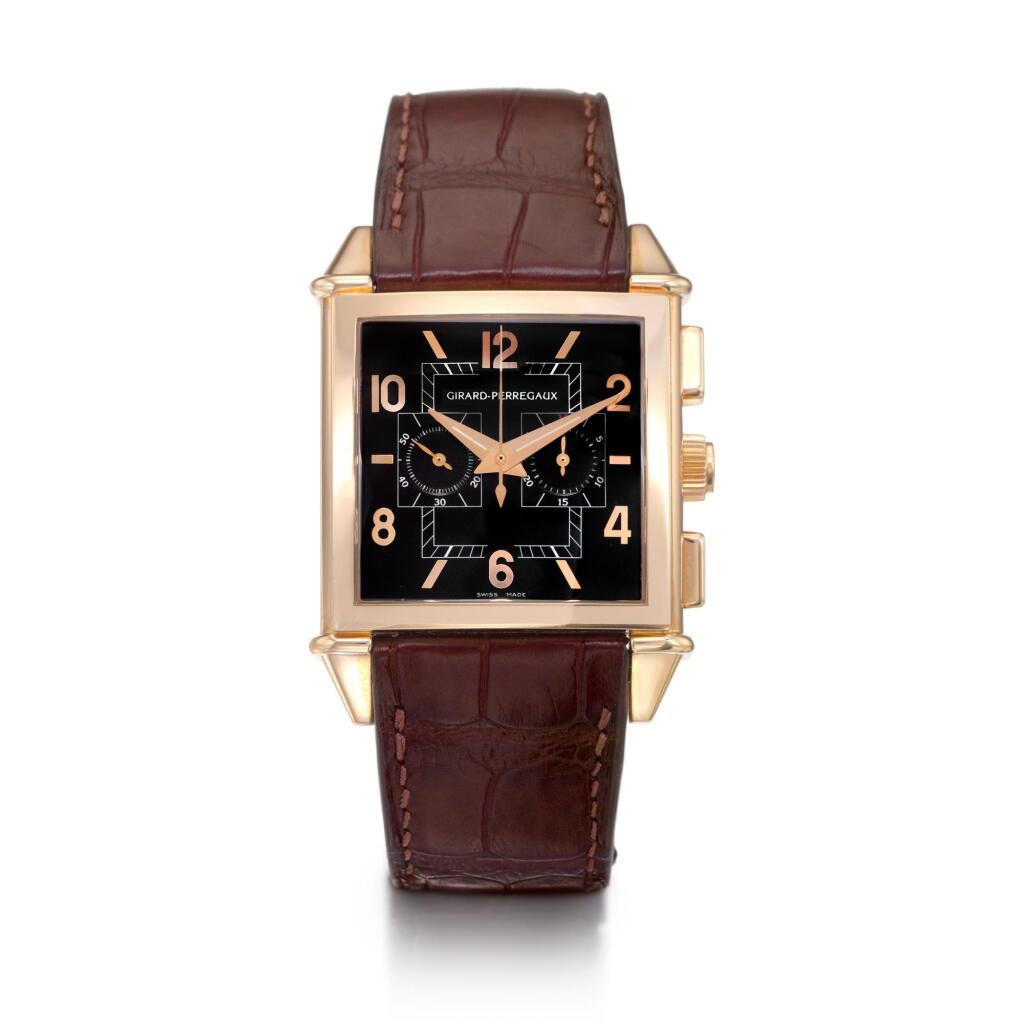View full screen - View 1 of Lot 131. Reference 25820 Vintage 1945, A pink gold square shaped automatic chronograph wristwatch, Circa 2000 芝柏 25820 型號 Vintage 1945 粉紅金自動上鏈計時腕錶,約2000年製.