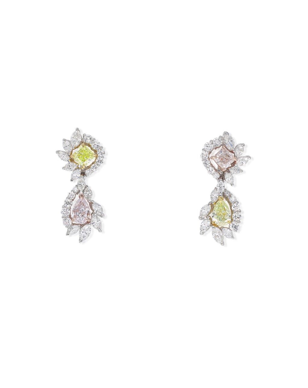 View full screen - View 1 of Lot 1607. PAIR OF COLOURED DIAMOND AND DIAMOND PENDENT EARRINGS | 彩色鑽石 配 鑽石 耳墜一對 (彩色鑽石共重2.88卡拉) .