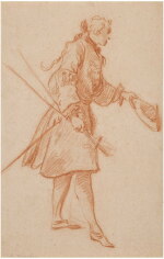 FRANÇOIS BOUCHER | RECTO: STUDY OF A YOUNG GENTLEMAN (ALCIDAS) DOFFING HIS HAT (A STUDY FOR MOLIÈRE’S LE MARIAGE FORCÉ), VERSO: STUDY OF A MAN (TARTUFFE) WITH ARMS OUTSTRETCHED AND SEPARATE STUDIES OF HIS HEAD, AND HANDS HOLDING GLOVES (FOR MOLIÈRE’S TARTUFFE)